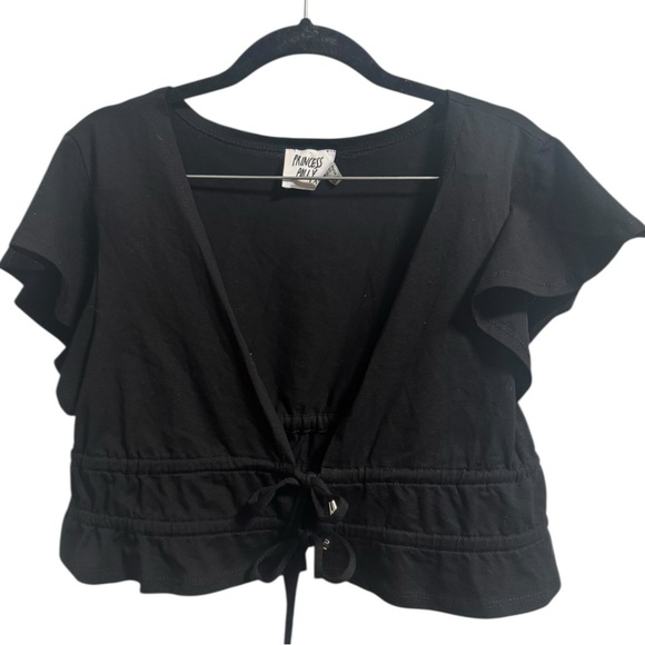 Princess Polly Black Crop Top Wrap Tie Waist Flutter Sleeve Size 6 - Picture 1 of 3